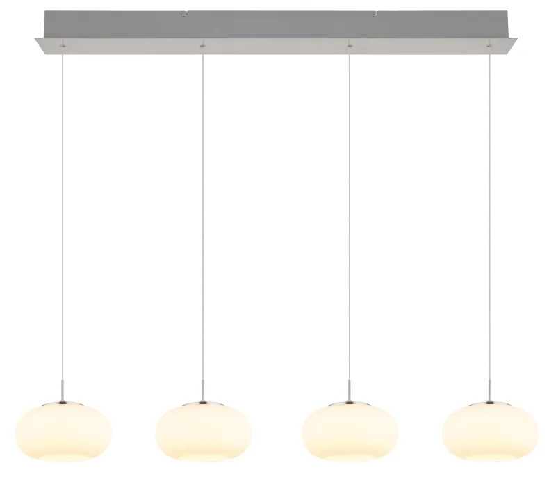 Quintara 110cm Nikkel loftslampe Fra Globo Lighting - Quintara&nbsp;&auml;r en stilren och modern takpendel med en rak metallram och fyra runda, sf&auml;riska glaskupor.