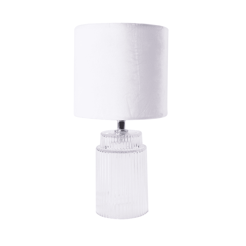 Johanna 28cm Gennemsigtig bordlampe Fra Pixie Design - Johanna bordlampe er en elegant bordbelysning i glas og tekstil.