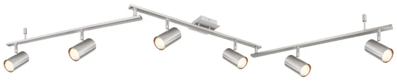 Robby 6 Nikkel spotlight Fra Globo Lighting - Den best&aring;r av tre metallst&auml;nger, var och en utrustad med tv&aring; vridbara GU10-socklar med metallfinish.