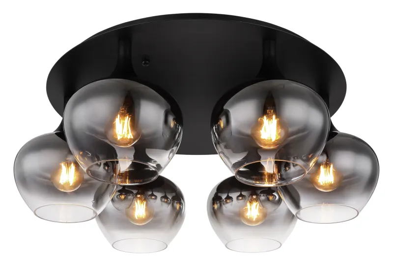 Maxy Ø65 Røgfarvet plafond Fra Globo Lighting - P&aring; en rund takplatta av matttsvart metall sitter sex vackert formade r&ouml;kf&auml;rgade glaskupor.