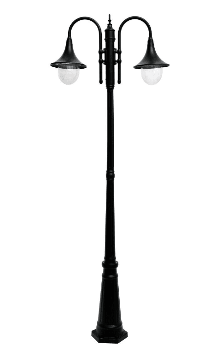Kartano Trumpet 220cm Sort lygtepæl Fra Airam - Elp&aelig;rerne er tydeligt synlige inde i armaturet, s&aring; valget af lyskilder (medf&oslash;lger ikke) har stor betydning for stemningen og effekten af belysningen.