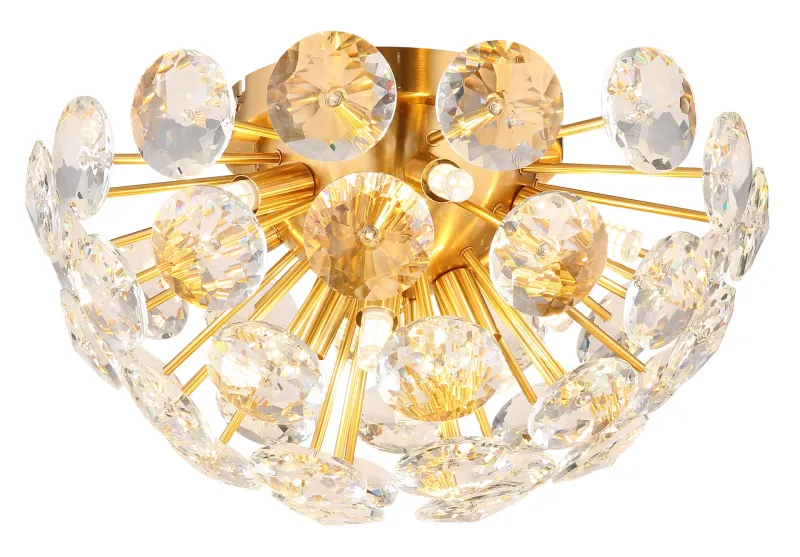 Virina Ø40 Guld plafond Fra Globo Lighting - Dess eleganta design kombinerar en gyllene metallkropp med en sk&auml;rm av klara kristaller, vilket ger en lyxig och sofistikerad k&auml;nsla till ditt hem.