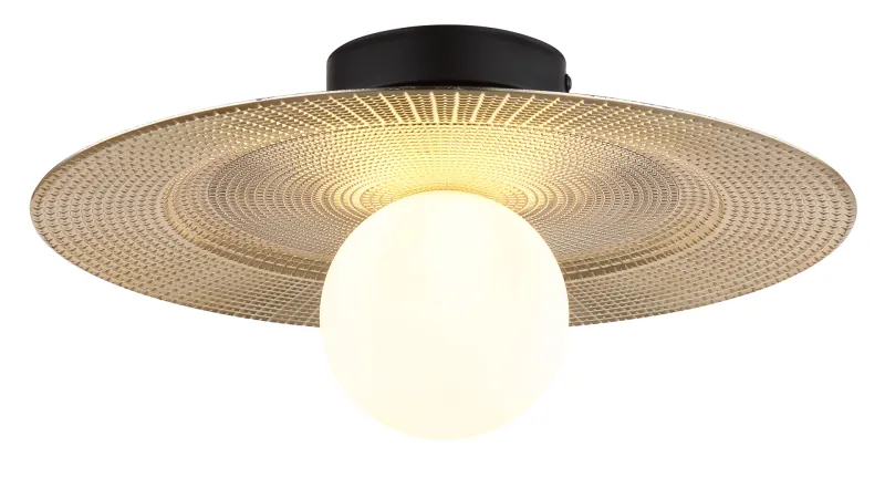 Riga Ø33 Guld plafond Fra Globo Lighting - Lampan &auml;r tillverkad av mattsvart metall och den platta sk&auml;rmen i plast med nyanser av svart, guld och opal ger den en modern och sofistikerad design.