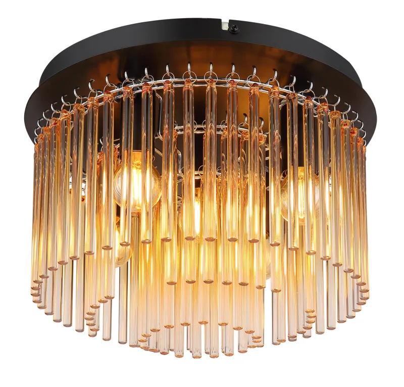 Gorley Ø32 Rav plafond Fra Globo Lighting - Dess design imponerar med en stilfull kombination av mattsvart metall och dekorativa stavar i klart och amberf&auml;rgat glas.