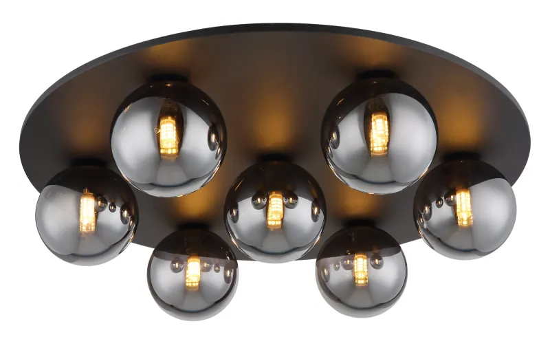 Riha Ø60 Røgfarvet plafond Fra Globo Lighting - Den mattsvarta metallen i kombination med 7st r&ouml;kf&auml;rgade glas ger ett sofistikerat uttryck och passar perfekt in i olika inredningsstilar.