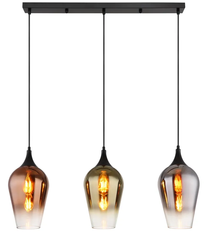 Lavus 83cm Sort loftslampe Fra Globo Lighting - Lavus &auml;r en elegant taklampa med tre dekorativa glaskupor i koppar-, guld- och kromfinish, vilket ger lampan en modern och stilfull karakt&auml;r.