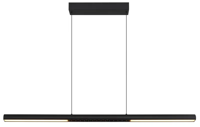 Cody 120cm Sort loftslampe Fra Globo Lighting - Lampan &auml;r tillverkad av aluminium i en mattsvart finish som ger ett elegant och tidl&ouml;st uttryck som smidigt sm&auml;lter in i olika inredningsstilar, perfekt f&ouml;r stora matbord eller k&ouml;ks&ouml;ar.