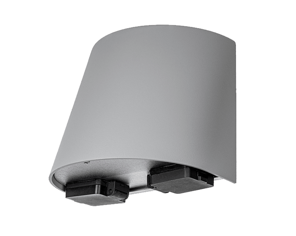 Mini m. uttag Grå udendørslampe Fra Westal - Bagsiden er udstyret med to ind- og udgange samt en 4-polet lynklemrække.