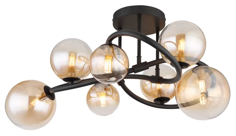 Tuberius Ø62 Rav plafond Fra Globo Lighting - Lampan &auml;r tillverkad av mattsvart metall och &auml;r smyckad med 7st glas i en&nbsp;mjuk b&auml;rnstensf&auml;rgad ton, vilket skapar en st&auml;mningsfull ljusspridning.