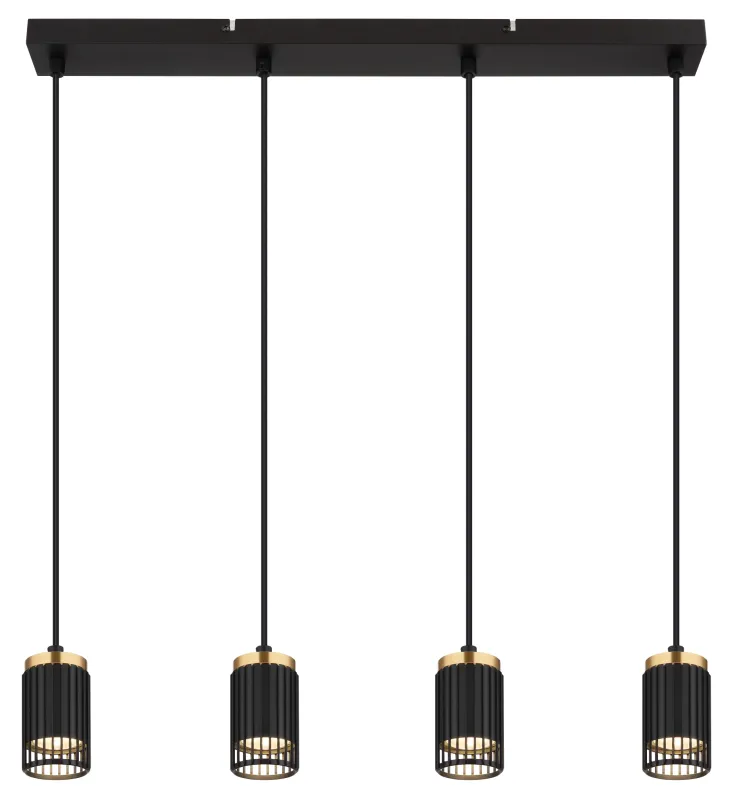 Korben 60cm Sort loftslampe Fra Globo Lighting - Med sin avl&aring;nga form och fyra cylindriska sk&auml;rmar, &ouml;ppna framtill, ger den en riktad ljusf&ouml;rdelning som skapar en inbjudande atmosf&auml;r.