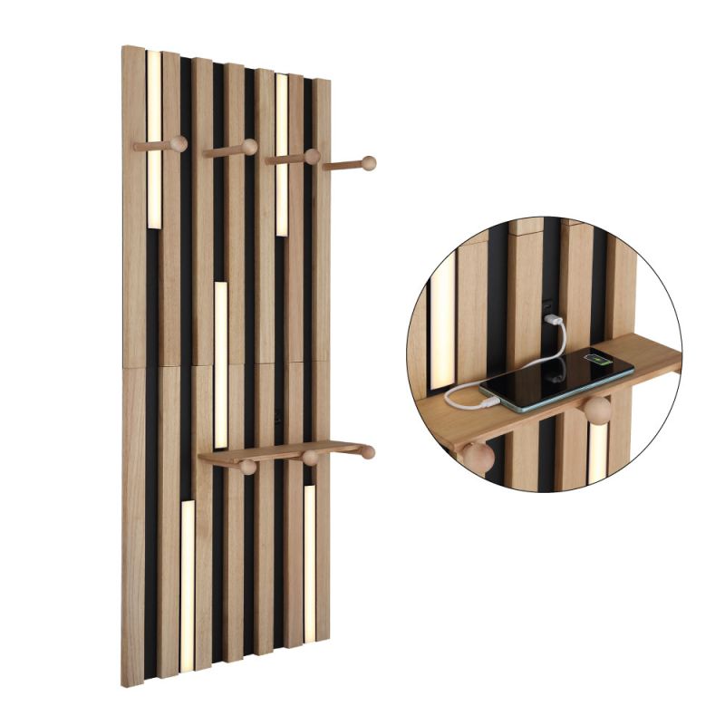 Duane 110cm Natur væglampe Fra Globo Lighting - Den rektangul&auml;ra formen i matt svart metall och brunt tr&auml; ger en elegant och tidl&ouml;s look, medan den vita plastsk&auml;rmen sprider ljuset j&auml;mnt och skapar en behaglig atmosf&auml;r.