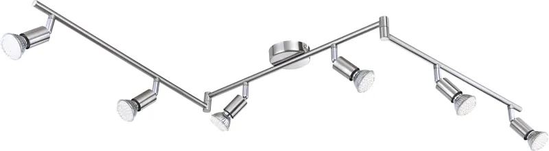 Matrix 6 Nikkel spotlight Fra Globo Lighting - 6st spotlights &auml;r monterade l&auml;ngs konstruktionen och ger en kraftfull belysning med 1500 lumen och en varmvit ljusf&auml;rg p&aring; 3000K, vilket skapar en behaglig atmosf&auml;r.