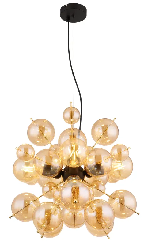 Udo Ø50 Rav loftslampe Fra Globo Lighting - Lampans sk&auml;rm best&aring;r av vackra glasklot i en varm b&auml;rnstensf&auml;rg, vilket skapar en mjuk och inbjudande ljusst&auml;mning med ett bl&auml;ndfritt, harmoniskt sken.