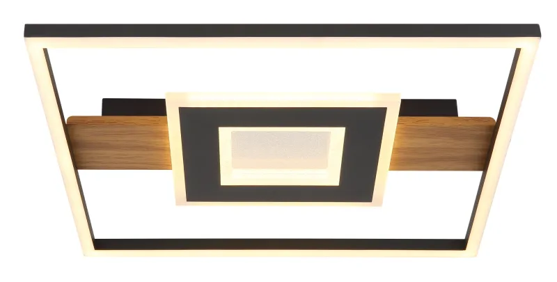 Pikara 38cm Træ plafond Fra Globo Lighting - Lampan &auml;r tillverkad i en stilfull kombination av metall i tr&auml;look och en mattsvart finish, vilket ger den en modern men samtidigt naturlig k&auml;nsla.