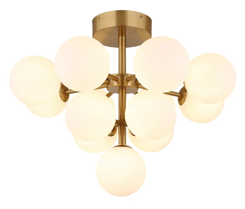Grappy Ø56 Guld plafond Fra Globo Lighting - Grappy plafond i guldf&auml;rgad metall blir en stilfull och lyxig detalj i varje rum med sin glamor&ouml;sa design och de 13st opalf&auml;rgade glaskulorna.