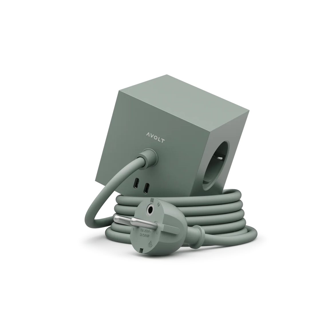 Square 1 with 30W Dual USBC & Magnetic base, 3m Grøn Fra Avolt - Str&oslash;mskinne fra Avolt med et stilfuldt design med en lang PVC-ledning, en terning lavet af genbrugsplast og en magnetisk plade i bunden, s&aring; den kan h&aelig;nges p&aring; v&aelig;ggen.