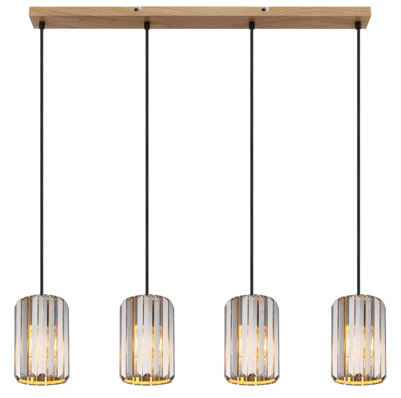 Run 88cm Røgfarvet loftslampe Fra Globo Lighting - Kombinationen av metall i tr&auml;utseende och de fyra sk&auml;rmarna med r&ouml;kf&auml;rgade K5-kristaller ger en harmonisk ljusspridning och en sofistikerad k&auml;nsla.