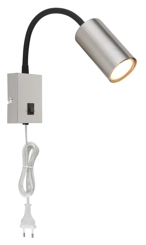 Robby Nikkel læselampe Fra Globo Lighting - Robby &auml;r en klassisk, kompakt v&auml;gglampa tillverkad i svart plast och matt nickelmetall, vilket ger en stilren och modern look.