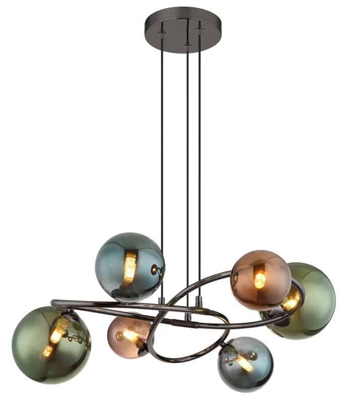 Riha 62cm Flerfarvet loftslampe Fra Globo Lighting - De olika glaskulorna i brons, gr&ouml;nt och petrol ger lampan en dynamisk och lekfull karakt&auml;r samtidigt som de skapar en visuellt intressant ljusbild.