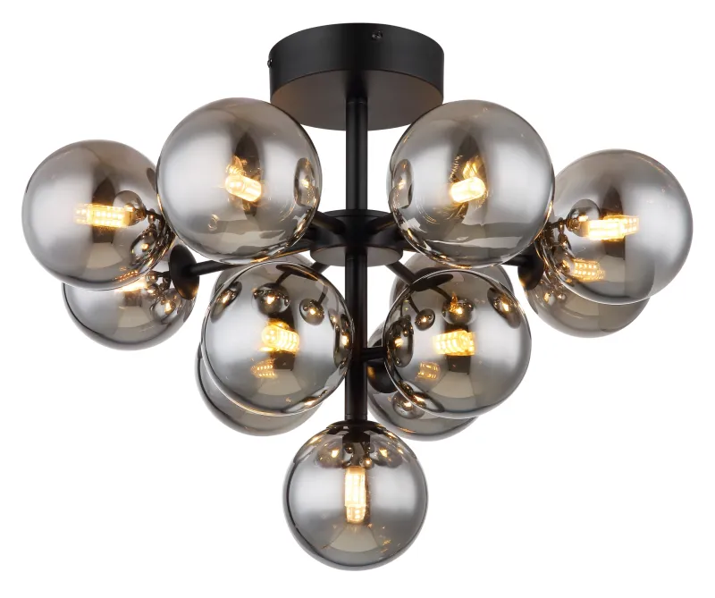 Grappy Ø56 Røgfarvet plafond Fra Globo Lighting - Grappy plafond blir en stilfull och lyxig detalj i varje rum med sin glamor&ouml;sa design och de 13st r&ouml;kf&auml;rgade glaskulorna.