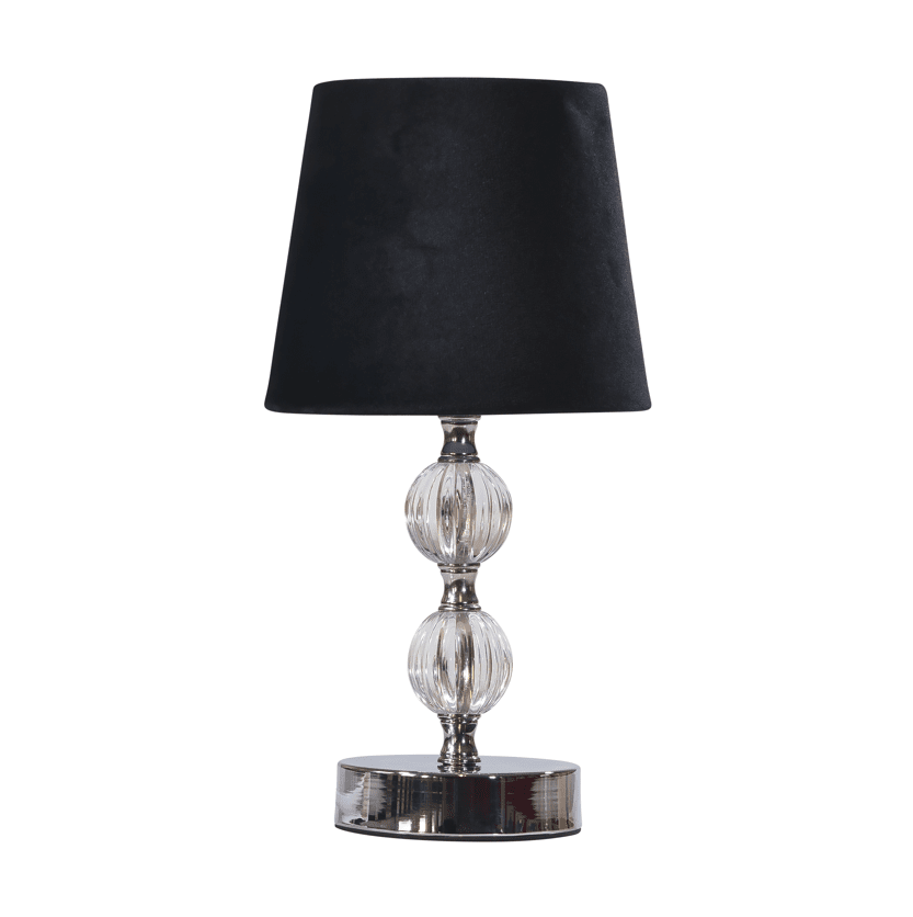 Zoom billede af Karin 30cm Sort bordlampe Fra Pixie Design - Lampens glas- og metalfod skaber et stilrent indtryk, mens den sorte tekstilskærm giver et klassisk og luksuriøst udtryk.