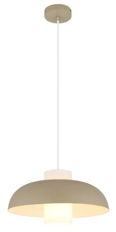 Lowe Ø38 Sand loftslampe Fra Globo Lighting - Den runda sk&auml;rmen i matt sandf&auml;rgad metall ger ett elegant och tidl&ouml;st uttryck, medan den cylinderformade sk&auml;rmen i opalglas sprider ett mjukt och behagligt ljus.