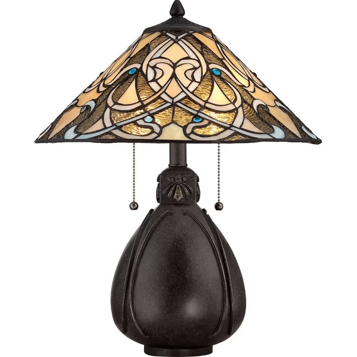 India 50cm Flerfarvet Fra Elstead Lighting - India er en kompakt Tiffany bordlampe med et elegant og indviklet design.