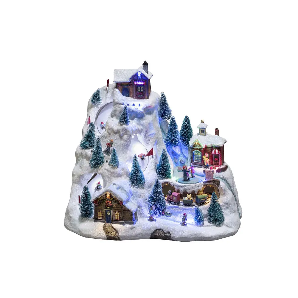 Mekanisk Juledekoration Med Bjerglandskab 28cm Flerfarvet Fra Konstsmide - Kom med til et glitrende vinterlandskab i bjergene med denne mekaniske juledekoration!