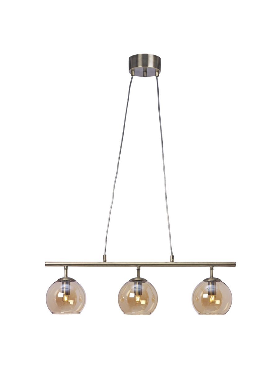 Capella 70cm Antik messing loftslampe Fra Cottex - Capella loftslampe med tre ravfarvede glaskugler og en elegant antik messingfinish.