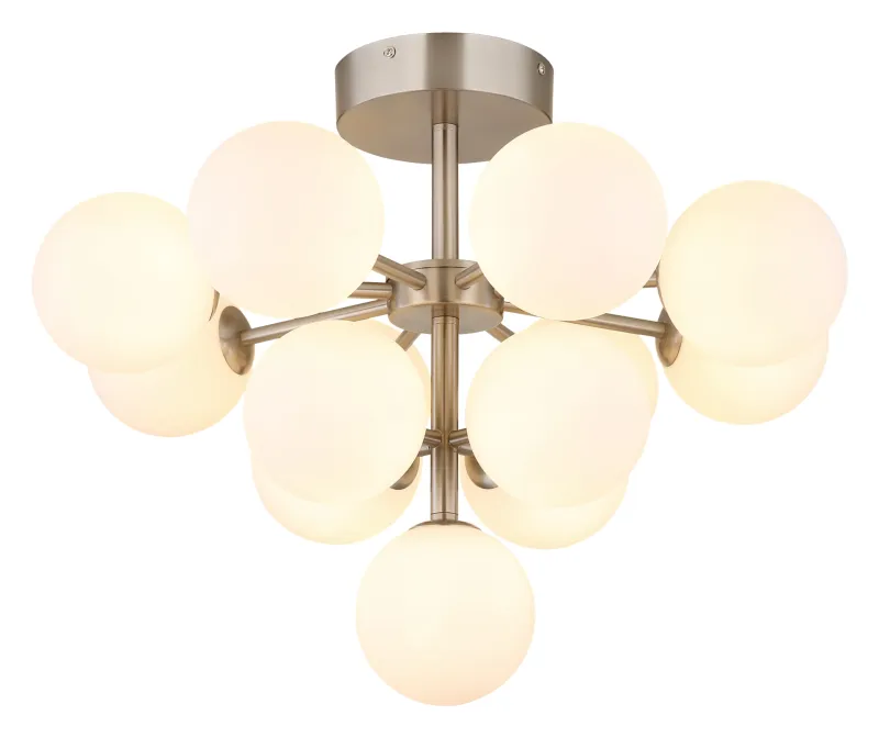 Grappy Ø56 Nikkel plafond Fra Globo Lighting - Grappy plafond blir en stilfull och lyxig detalj i varje rum med sin glamor&ouml;sa design och de 13st opalf&auml;rgade glaskulorna.