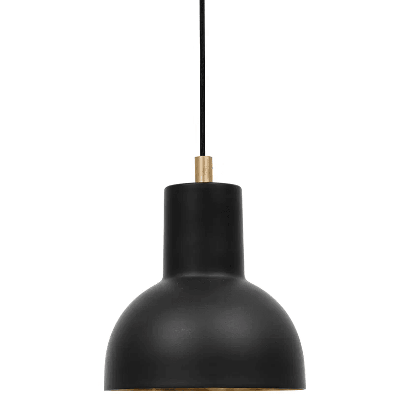 Mini Ø14 Sort loftslampe Fra H. Skjalm P - Mini-vedhæng i matsort metal med guldfarvet interiør og messingdetaljer.