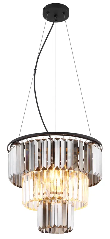 Naxis Ø40 Røgfarvet loftslampe Fra Globo Lighting - Naxis &auml;r en vacker takpendel tillverkad av mattsvart metall och &auml;r smyckad med kristaller i r&ouml;kf&auml;rgat och klart glas.