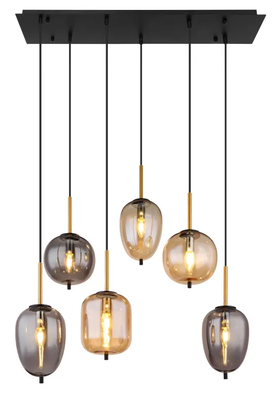 Blacky 80cm Rav loftslampe Fra Globo Lighting - De sex r&ouml;k- och amberf&auml;rgade glasgloberna i olika former h&auml;nger fr&aring;n en svart, rektangul&auml;r takplatta och kan justeras upp till 120 cm fr&aring;n taket.