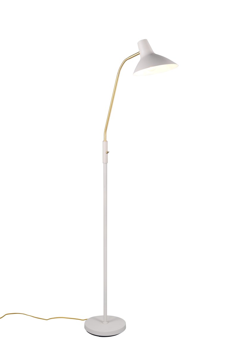 Traveller Grå gulvlampe Fra Trio Lighting - Det varme grå farveskema og lysarmen i mat messing giver et sofistikeret touch, mens det minimalistiske design passer ind i forskellige indretningsstile.