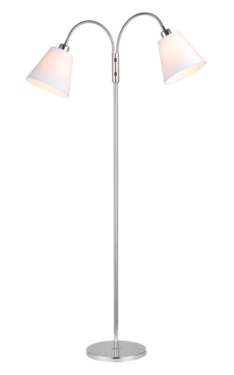 Duett Chrom gulvlampe Fra Cottex - Udstyret med tv&aring; hvide tekstilskærme med 20 cm diameter og flexarme for nem justering.