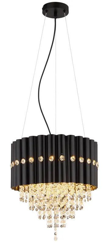 Eleos Ø40 Sort loftslampe Fra Globo Lighting - Med en stomme i matt svartlackerad metall och en lampsk&auml;rm i samma nyans sm&auml;lter den harmoniskt in i b&aring;de moderna och klassiska interi&ouml;rer.