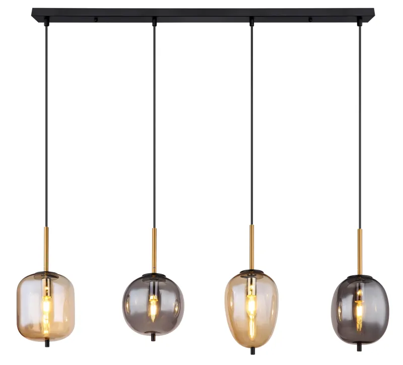 Blacky 110cm Rav loftslampe Fra Globo Lighting - De fyra r&ouml;k- och amberf&auml;rgade glasgloberna i olika former h&auml;nger fr&aring;n en svart, rektangul&auml;r takplatta och kan justeras upp till 120 cm fr&aring;n taket.