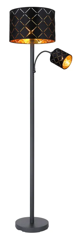 Sunna Sort gulvlampe Fra Globo Lighting - Den runda stommen i h&ouml;gkvalitativ svart metall ger stabilitet och tidl&ouml;s charm, medan den svarta lampsk&auml;rmen i sammet med dekorativa utsk&auml;rningar tillf&ouml;r en lyxig k&auml;nsla och skapar ett fascinerande ljusspel.