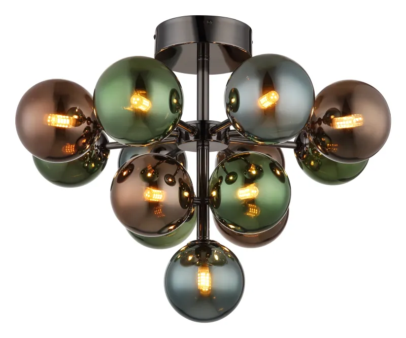 Grappy Ø56 Flerfarvet plafond Fra Globo Lighting - Den svarta, kromade metallstommen ger en modern touch, medan lampsk&auml;rmen pryds av en harmonisk blandning av brons-, gr&ouml;na och petrolf&auml;rgade glasklot.