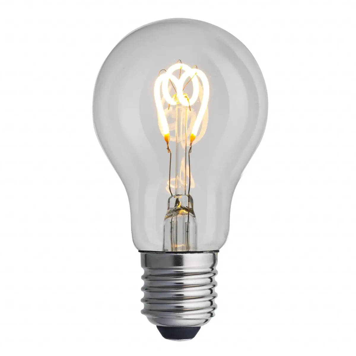 E27 normal 3W 2200K Dæmpbar Gennemsigtig Fra Unison - UNI-FLEX normal klar E27 d&aelig;mpbar lyskilde med en effekt p&aring;; 3W og et varmt lys p&aring; 2200K giver elegant og behagelig belysning.