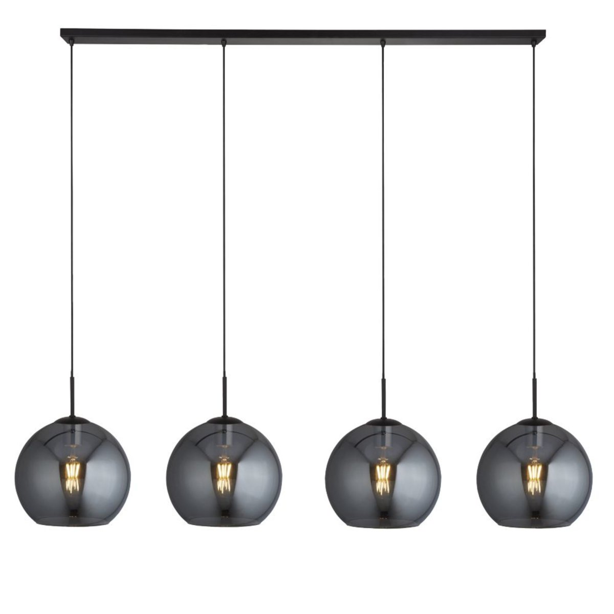 Amsterdam 175cm Sort loftslampe Fra Searchlight - Amsterdam pendel med fire pærer har en matsort finish og store røgglaskupler med åben bund.