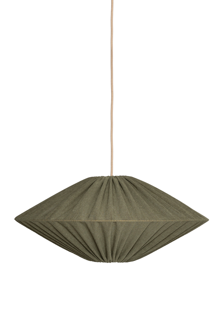 Figo Skærm Ekskl. Ophæng Ø58 Olivengrøn loftslampe Fra Alde & Lind - Stoffet er polyester, men har et flot "hørlook" i farven "olivengrøn".