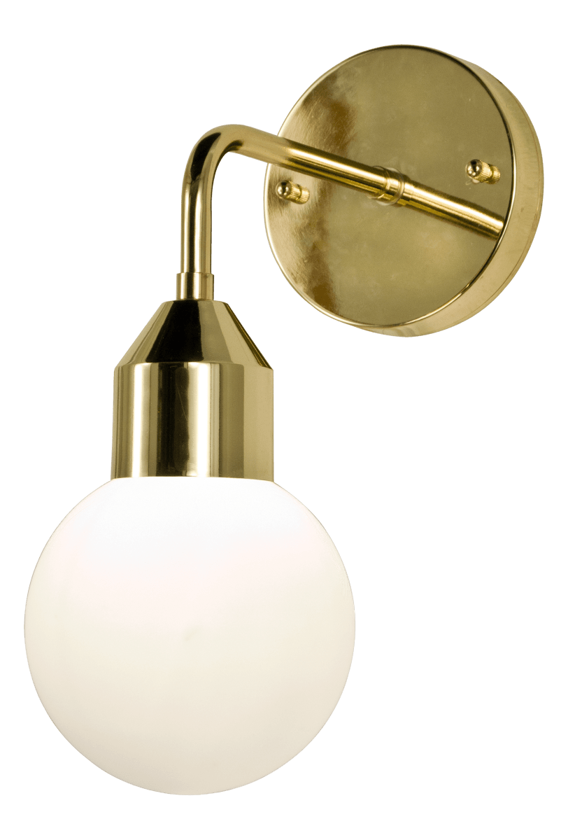 Florens Ø12 Messing badeværelseslampe Fra Aneta Lighting - Florens er en stilfuld badeværelseslampe i messingfarvet metal med en rund kuppel i opalhvidt glas, der spreder et blødt og behageligt lys.