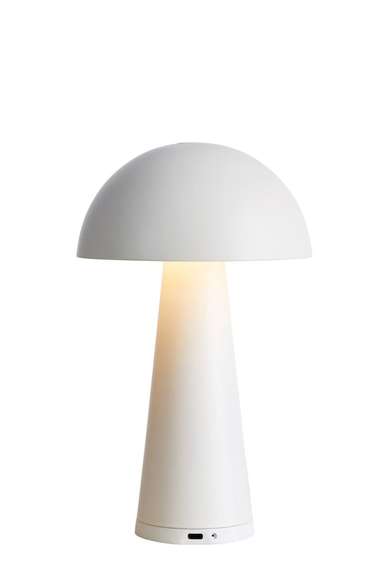 Fungi 26cm Hvid bærbar Fra Markslöjd - Fungi er en stilfuld og bærbar bordlampe i mat hvidt metal, designet til både indendørs og udendørs brug.