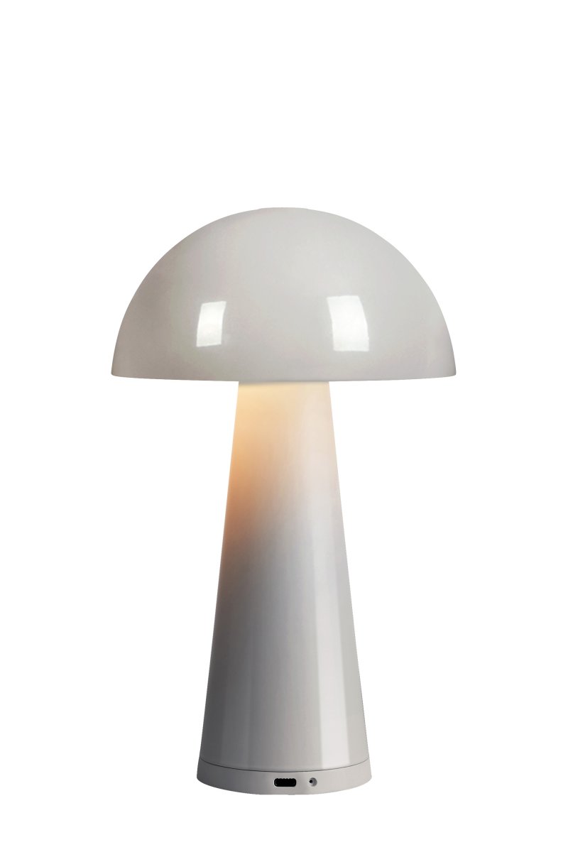 Fungi 27cm Greige bærbar Fra Markslöjd - Indbygget batteri, der oplades via det medf&oslash;lgende USB-C-kabel (1m), der tilsluttes en Min 1A Max 6A adapter (medf&oslash;lger ikke) og kan bruges tr&aring;dl&oslash;st i op til 8 timer.