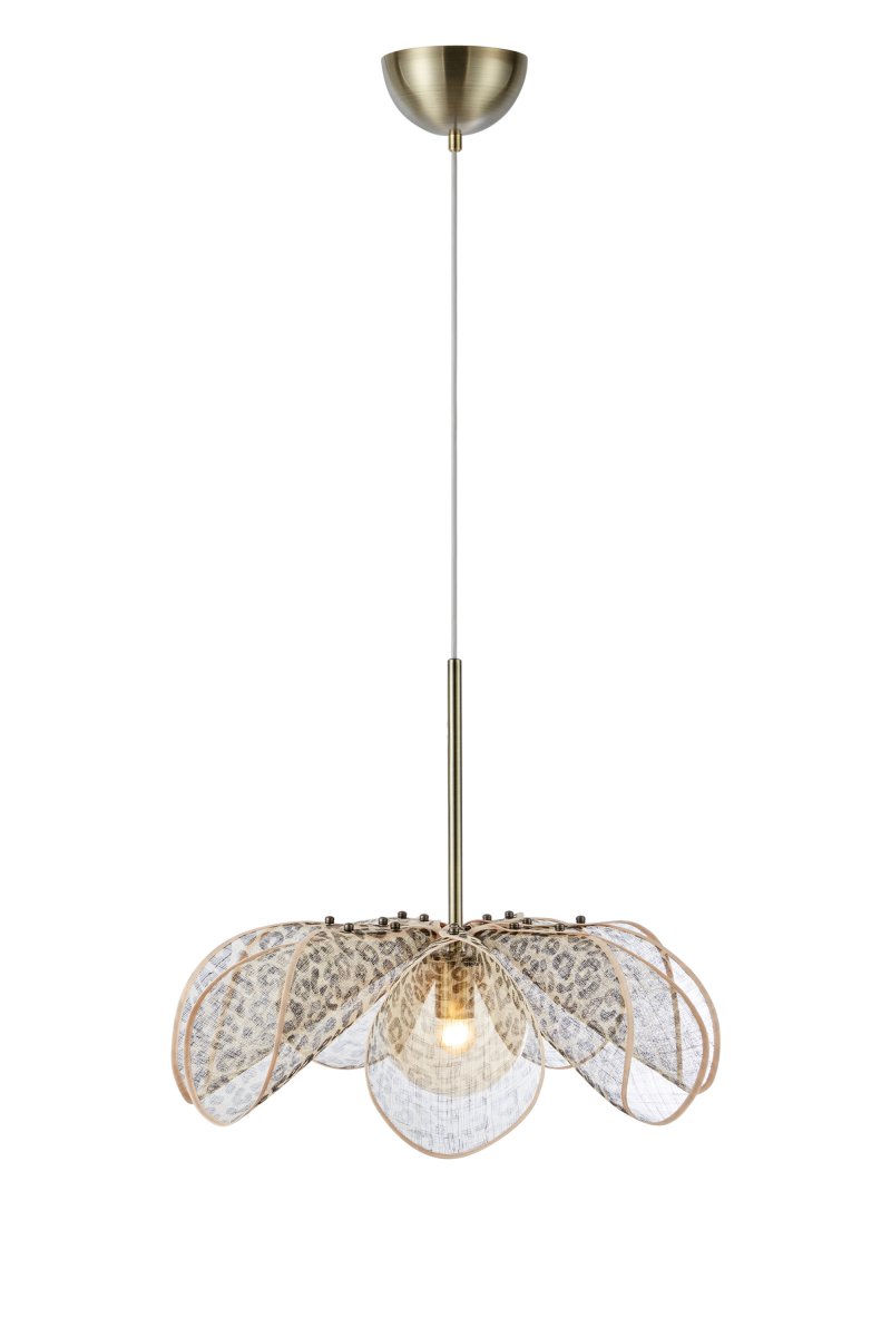 Styrka Ø63 Flerfarvet loftslampe Fra Markslöjd - Loftlampe i et udtryksfuldt leopardm&oslash;nster i sort og beige, med en blomsterlignende form i bananfiber, der giver et bl&oslash;dt og dekorativt indtryk.