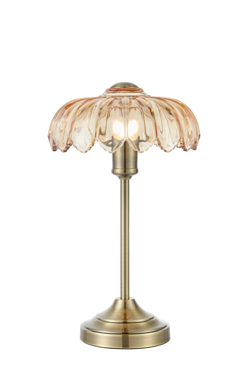 Kurage 43cm Antik messing/rav bordlampe Fra Markslöjd - Bordlampe i klassisk stil med fod i antik messingfinish og dekorativ ravfarvet glassk&aelig;rm.