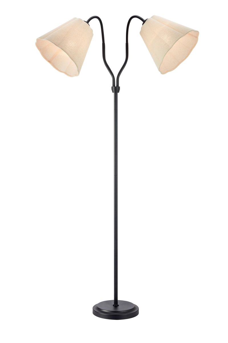 Veya 2 Sort gulvlampe Fra Markslöjd - Veya er en stilfuld gulvlampe med en sort metalbase og to beige tekstilskærme, der skaber en blød kontrast.