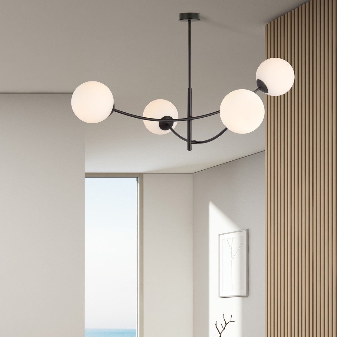 Hunter Ø90 Sort og hvid loftslampe Fra Emibig Lighting - Lampen ser s&aelig;rligt godt ud over et bord eller k&oslash;kkenbord, hvor den skaber en unik og indbydende atmosf&aelig;re.