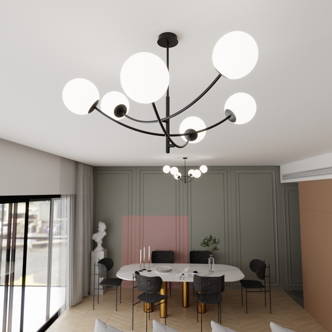 Hunter Ø90 Sort og hvid loftslampe Fra Emibig Lighting - Lampen ser s&aelig;rligt godt ud over et bord eller k&oslash;kkenbord, hvor den skaber en unik og indbydende atmosf&aelig;re.